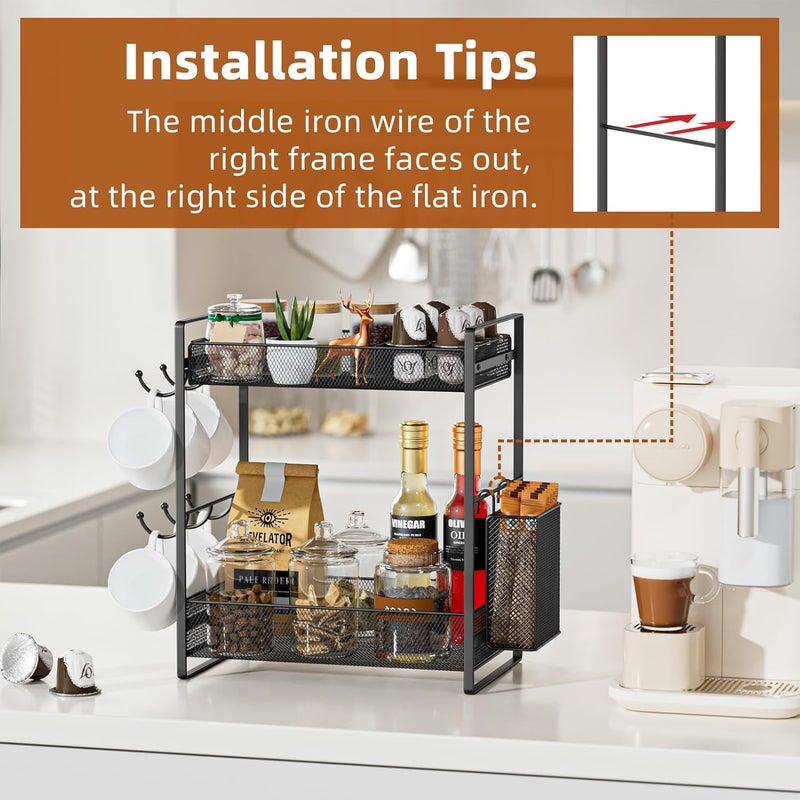 VITVITI Coffee Bar Organizer with Mug Holder, Metal Coffee Station Organizer for Countertop, 2 Tier Cup Mug Holders Rack with Basket for Kitchen Office, Black - Image 2